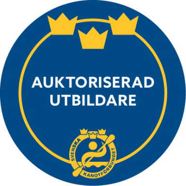 Utbildar på GSRT och MEL Blå cirkel med texten "Auktoriserad Utbildare" och två gula kronor ovanför.