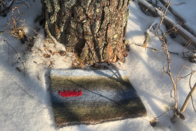 Tre personer i kajaker på en sjö, omgivna av träd och en molnig himmel.