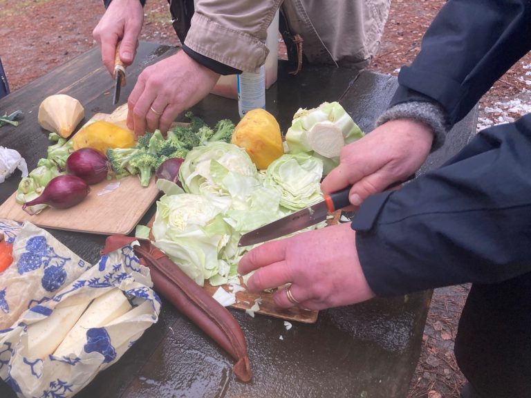 Personer som förbereder utomhusmatlagning  Olika grönsaker